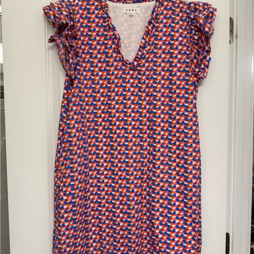 THML Geometric Pattern Mini Dress - Pink, Orange, Blue, White